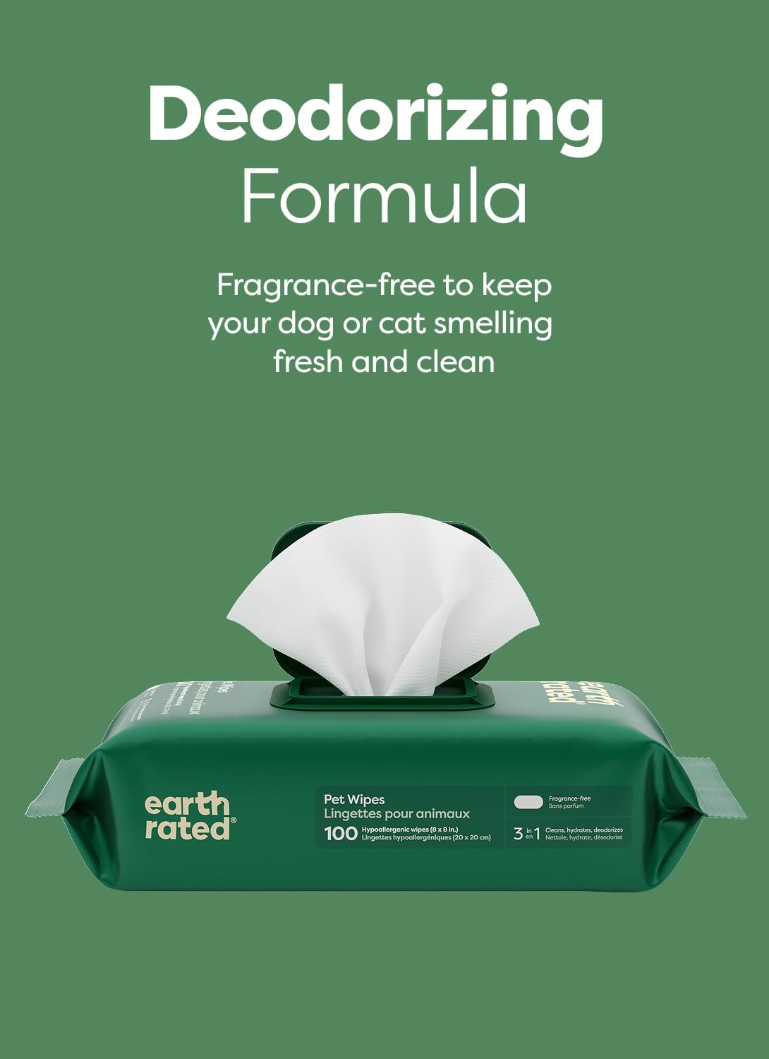 Earth Rated Dog Wipes for Paws & Butt. Deodorizing. Unscented. 100ct | Hypoallergenic. 3-in-1 Cleaning and Hydrating. for Grooming Paws. Body and Butt