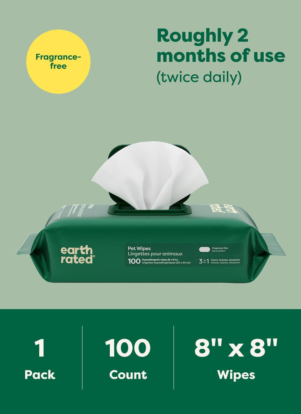 Earth Rated Dog Wipes for Paws & Butt. Deodorizing. Unscented. 100ct | Hypoallergenic. 3-in-1 Cleaning and Hydrating. for Grooming Paws. Body and Butt
