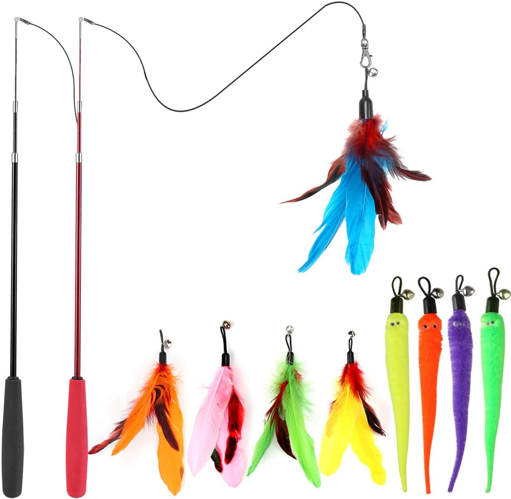 MeoHui Cat Toys for Indoor Cats. Interactive Cat Toy 2PCS Retractable Wand Toy and 9PCS Cat Feather Toys Refills. Funny Kitten Toys Cat Fishing Pole Toy for Bored Indoor Cats Chase and Exercise
