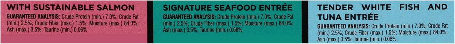 Sheba Perfect Portions Pate Wet Cat Food. Seafood Variety. 2.6 oz. 24 ct | Grain-free. made in USA. Sustainable Salmon. Signature Seafood & Whitefish Tuna. no artificial flavors. twin-pack trays