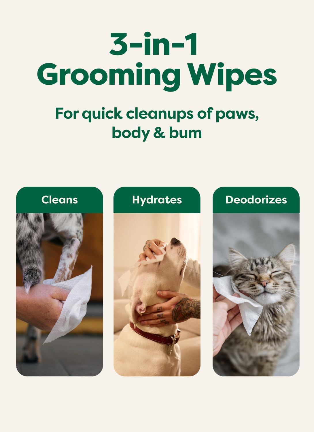 Earth Rated Dog Wipes for Paws & Butt. Deodorizing. Unscented. 100ct | Hypoallergenic. 3-in-1 Cleaning and Hydrating. for Grooming Paws. Body and Butt