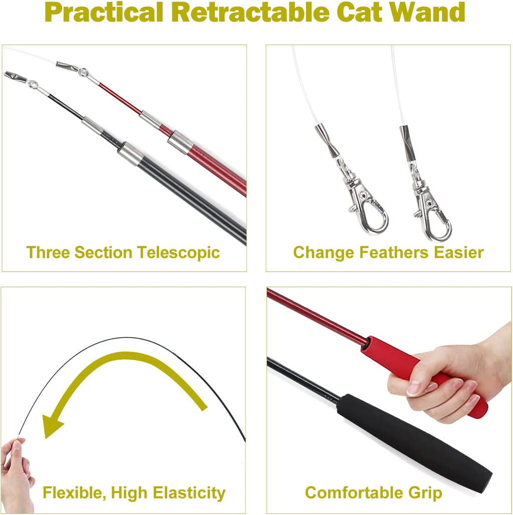 MeoHui Cat Toys for Indoor Cats. Interactive Cat Toy 2PCS Retractable Wand Toy and 9PCS Cat Feather Toys Refills. Funny Kitten Toys Cat Fishing Pole Toy for Bored Indoor Cats Chase and Exercise