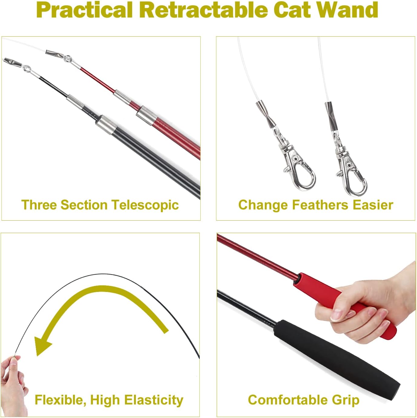MeoHui Cat Toys for Indoor Cats. Interactive Cat Toy 2PCS Retractable Wand Toy and 9PCS Cat Feather Toys Refills. Funny Kitten Toys Cat Fishing Pole Toy for Bored Indoor Cats Chase and Exercise
