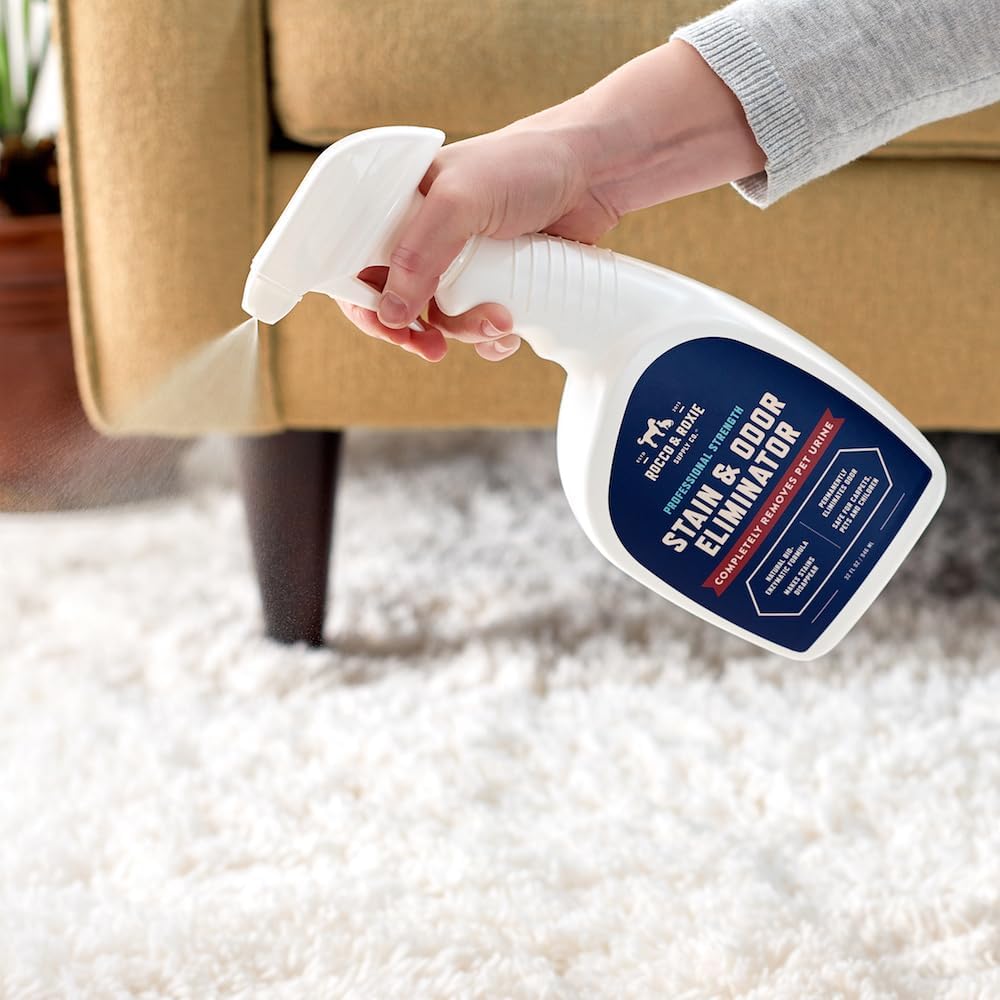 Rocco & Roxie Enzyme Stain & Odor Eliminator. 32 Fl Oz | Bio-enzymatic urine destroyer; CRI Certified Safe; made in USA; for carpets. bedding. litter boxes. crates & cars