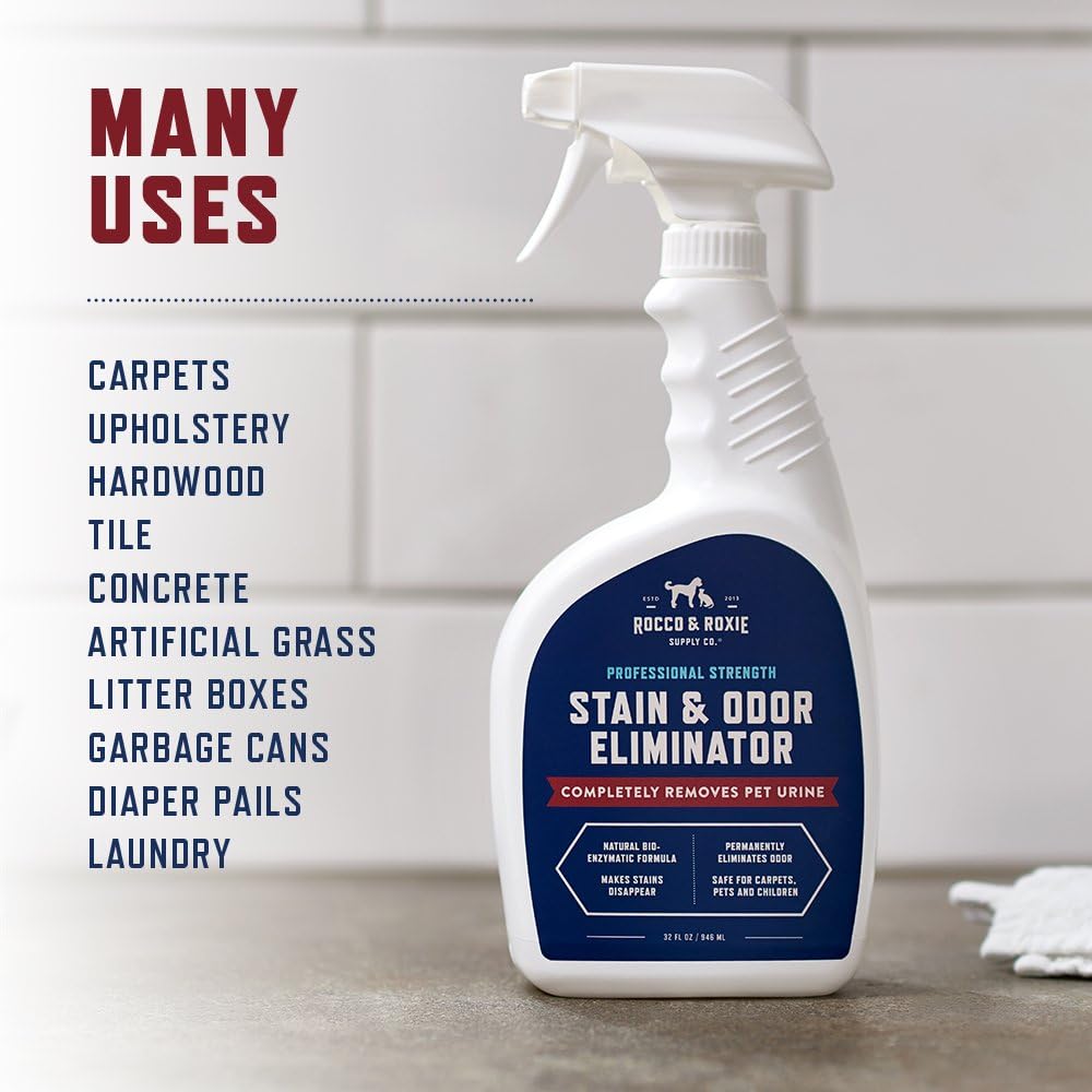 Rocco & Roxie Enzyme Stain & Odor Eliminator. 32 Fl Oz | Bio-enzymatic urine destroyer; CRI Certified Safe; made in USA; for carpets. bedding. litter boxes. crates & cars