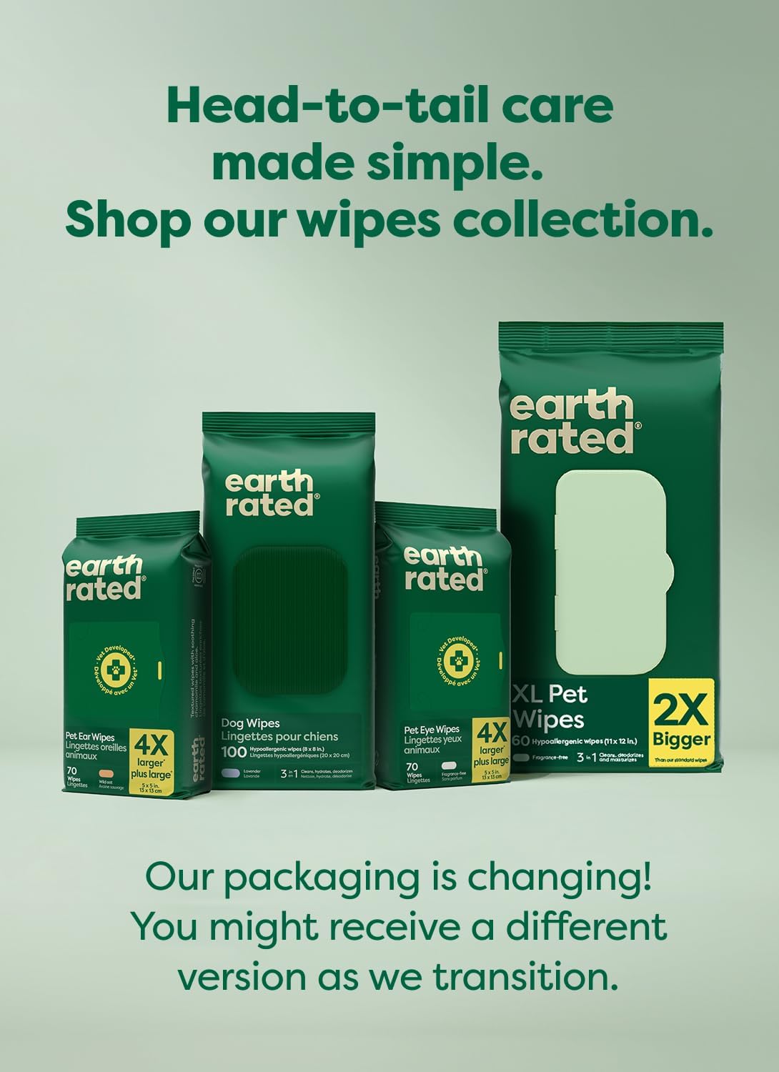 Earth Rated Dog Wipes for Paws & Butt. Deodorizing. Unscented. 100ct | Hypoallergenic. 3-in-1 Cleaning and Hydrating. for Grooming Paws. Body and Butt
