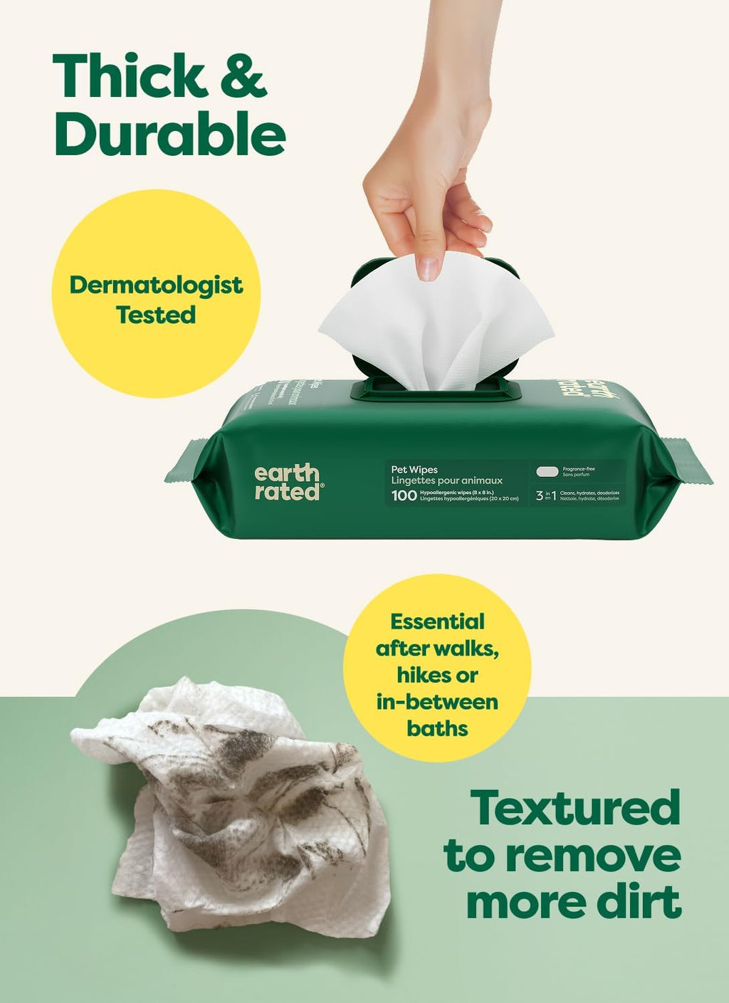 Earth Rated Dog Wipes for Paws & Butt. Deodorizing. Unscented. 100ct | Hypoallergenic. 3-in-1 Cleaning and Hydrating. for Grooming Paws. Body and Butt