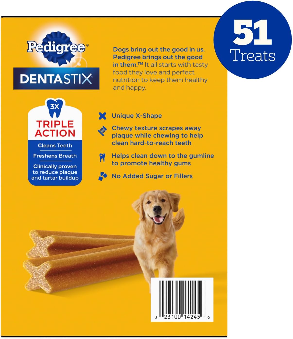 Pedigree Dentastix Large Breed Dental Dog Treats. Variety. 51 Count | Original. Beef & Fresh Flavors. triple action dental care. reduces tartar. cleans teeth. freshens breath. for dogs 40+ lbs
