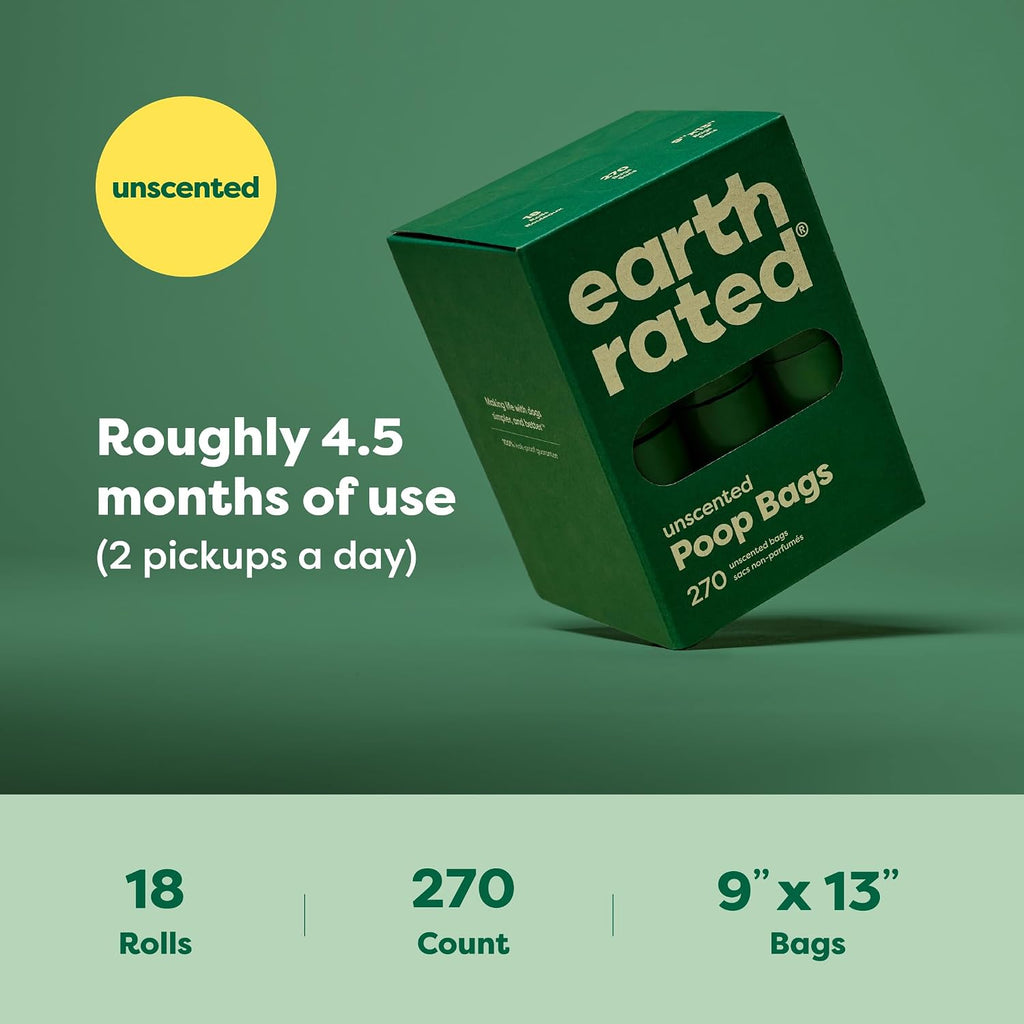 Earth Rated Dog Poop Bags on Refill Rolls. 270 Bags. Unscented | Guaranteed Leak Proof and Extra Thick Waste Bag Refill Rolls