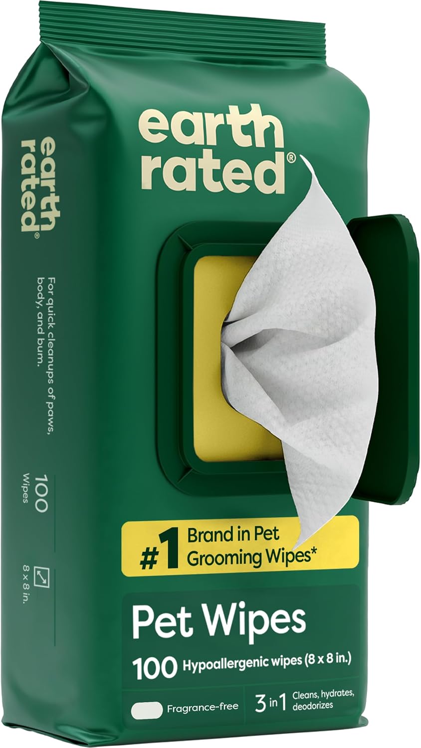 Earth Rated Dog Wipes for Paws & Butt. Deodorizing. Unscented. 100ct | Hypoallergenic. 3-in-1 Cleaning and Hydrating. for Grooming Paws. Body and Butt