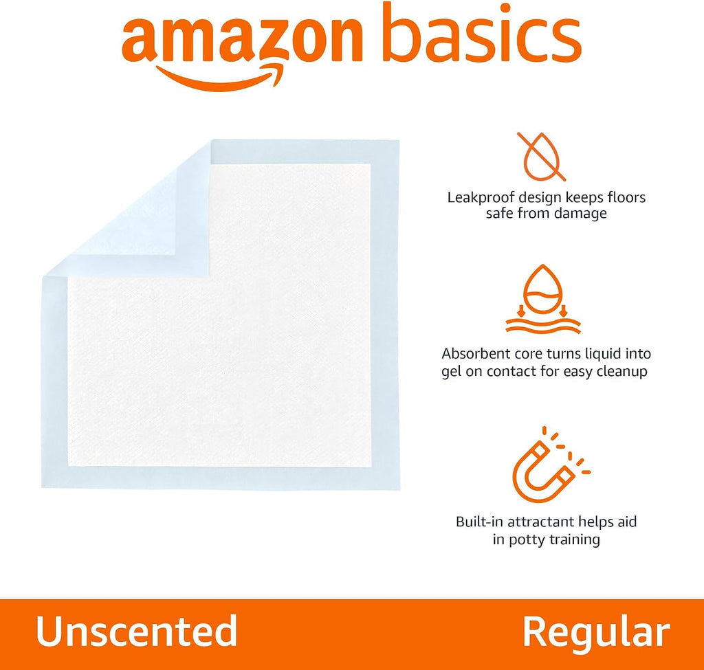 Amazon Basics Leak-Proof Dog and Puppy Potty Training Pee Pads with Quick-Dry 5-Layer Super Absorbent Design. Regular Size 22 x 22 inch. Blue & White. 100 Count