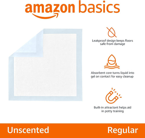 Amazon Basics Leak-Proof Dog and Puppy Potty Training Pee Pads with Quick-Dry 5-Layer Super Absorbent Design. Regular Size 22 x 22 inch. Blue & White. 100 Count