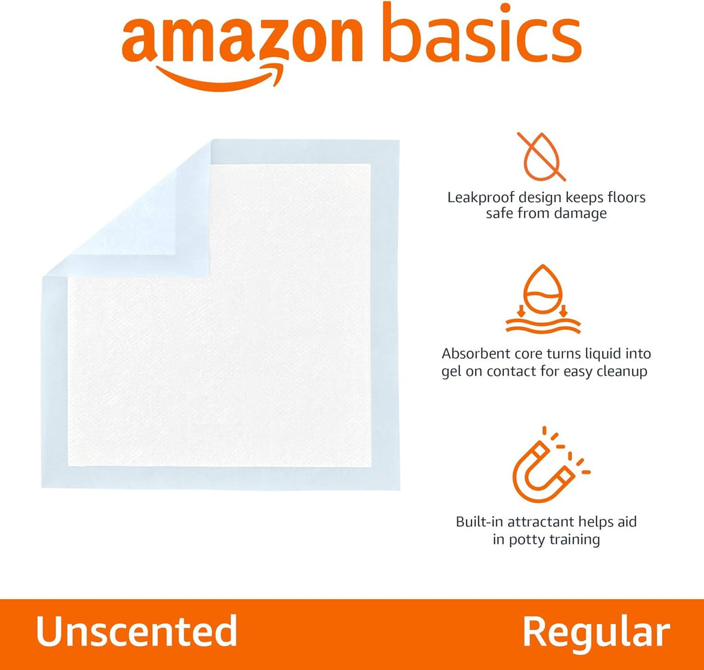 Amazon Basics Leak-Proof Dog and Puppy Potty Training Pee Pads with Quick-Dry 5-Layer Super Absorbent Surface for Dog Training. Floor Protection. Regular Size 22x22. Blue & White. 50 Count