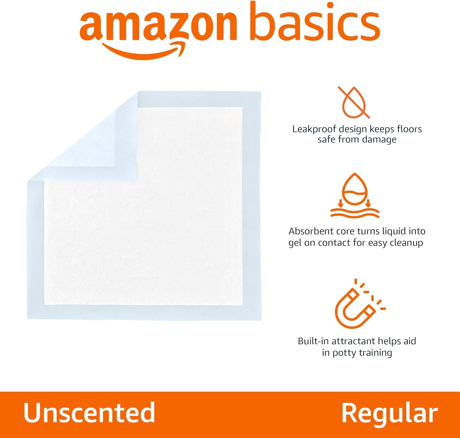 Amazon Basics Leak-Proof Dog and Puppy Potty Training Pee Pads with Quick-Dry 5-Layer Super Absorbent Surface for Dog Training. Floor Protection. Regular Size 22x22. Blue & White. 50 Count