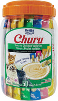 INABA Churu Cat Treats. Lickable. Squeezable Creamy Purée Cat Treat with Green Tea Extract & Taurine. 0.5 Ounces Each Tube. 50 Tubes. Tuna & Chicken Variety