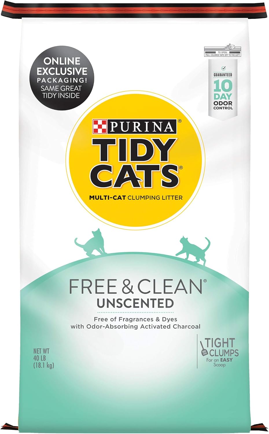 Purina Tidy Cats Free and Clean Unscented Clumping Cat Litter. 38 lb Box | Activated charcoal delivers lasting odor control. made without fragrances or dye. clumping