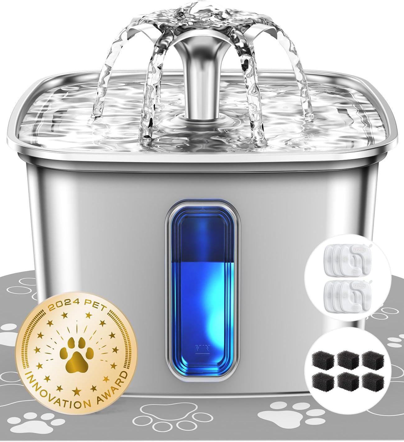 Veken Innovation Award Winner Stainless Steel Cat Water Fountain. 108oz | Automatic Pet Fountain Dog Water Dispenser with 3 Replacement Filters & Silicone Mat. Gifts for Cats. Dogs (Silver)