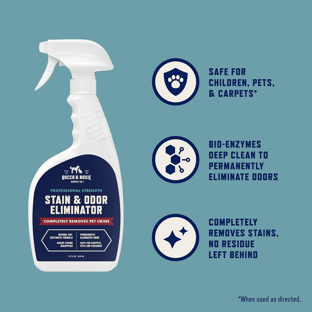 Rocco & Roxie Enzyme Stain & Odor Eliminator. 32 Fl Oz | Bio-enzymatic urine destroyer; CRI Certified Safe; made in USA; for carpets. bedding. litter boxes. crates & cars
