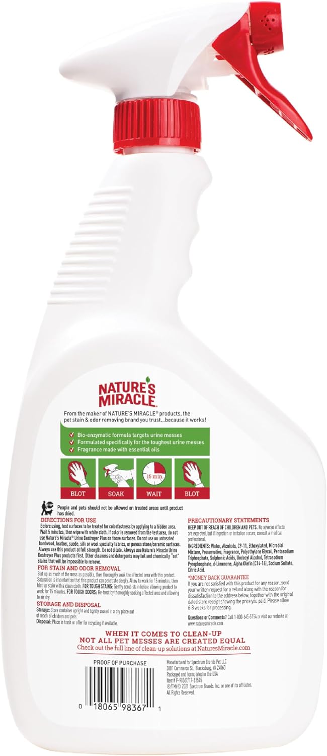 Nature's Miracle Cat Urine Destroyer Plus. Enzymatic Cleaner. 32 oz | Destroys the Toughest Cat Urine Stains. For Use on Multiple Surfaces. Safe For Pets and Home*. Fresh Scent