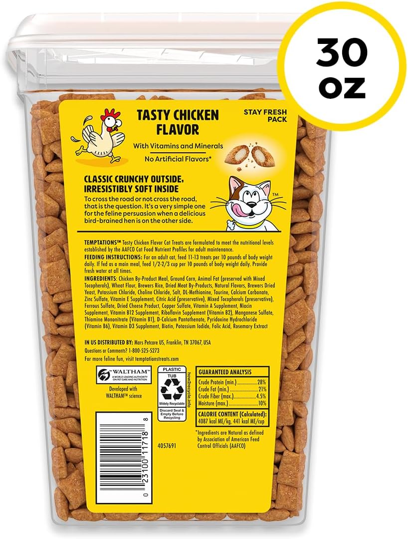 Temptations Classic Crunchy and Soft Cat Treats. Tasty Chicken. 30 oz | Under 2 calories per treat. crunchy outside & soft inside. resealable tub. use as meal or topper. 100% complete & balanced