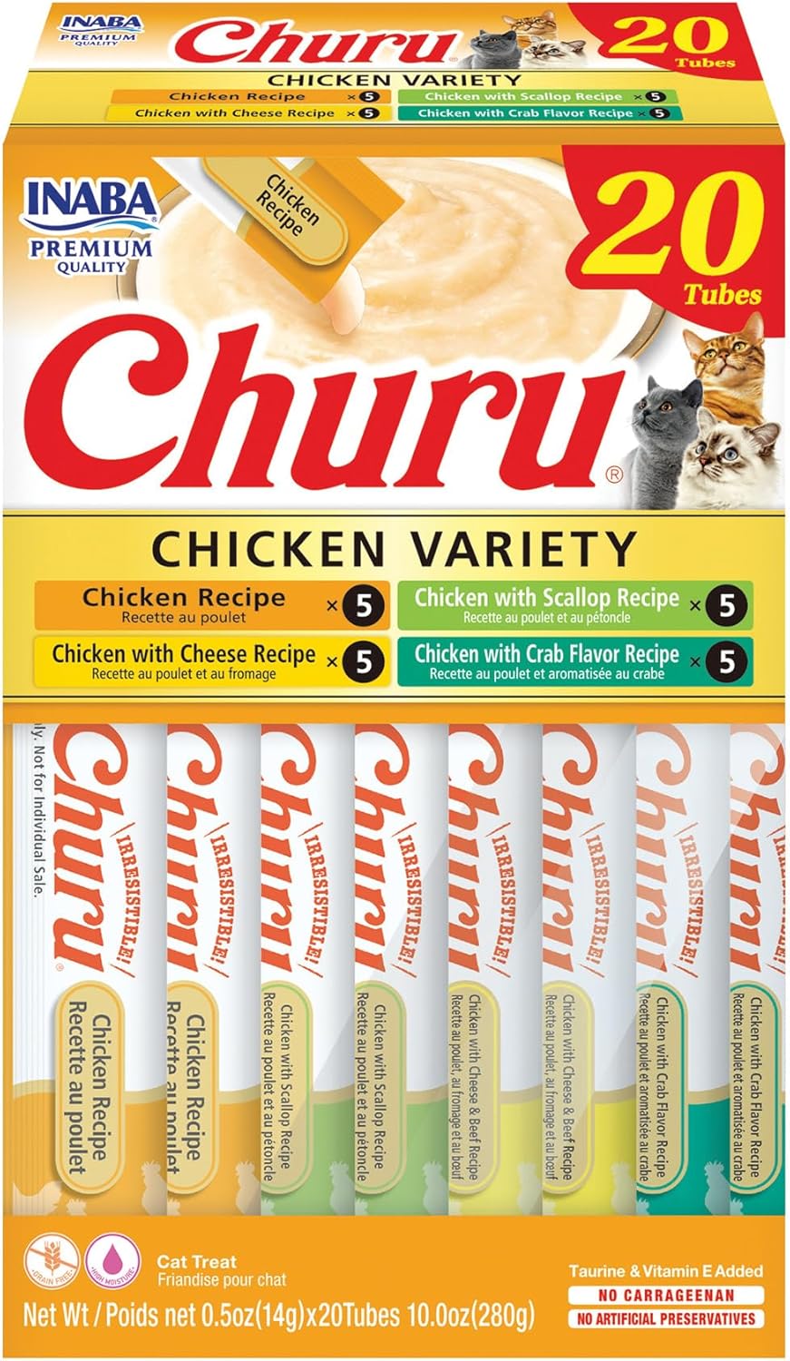 INABA Churu Cat Treats. Lickable. Squeezable Creamy Purée Cat Treat with Green Tea Extract & Taurine. 0.5 Ounces Each Tube. 20 Tubes. Chicken Variety Box
