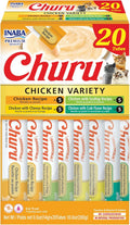INABA Churu Cat Treats. Lickable. Squeezable Creamy Purée Cat Treat with Green Tea Extract & Taurine. 0.5 Ounces Each Tube. 20 Tubes. Chicken Variety Box