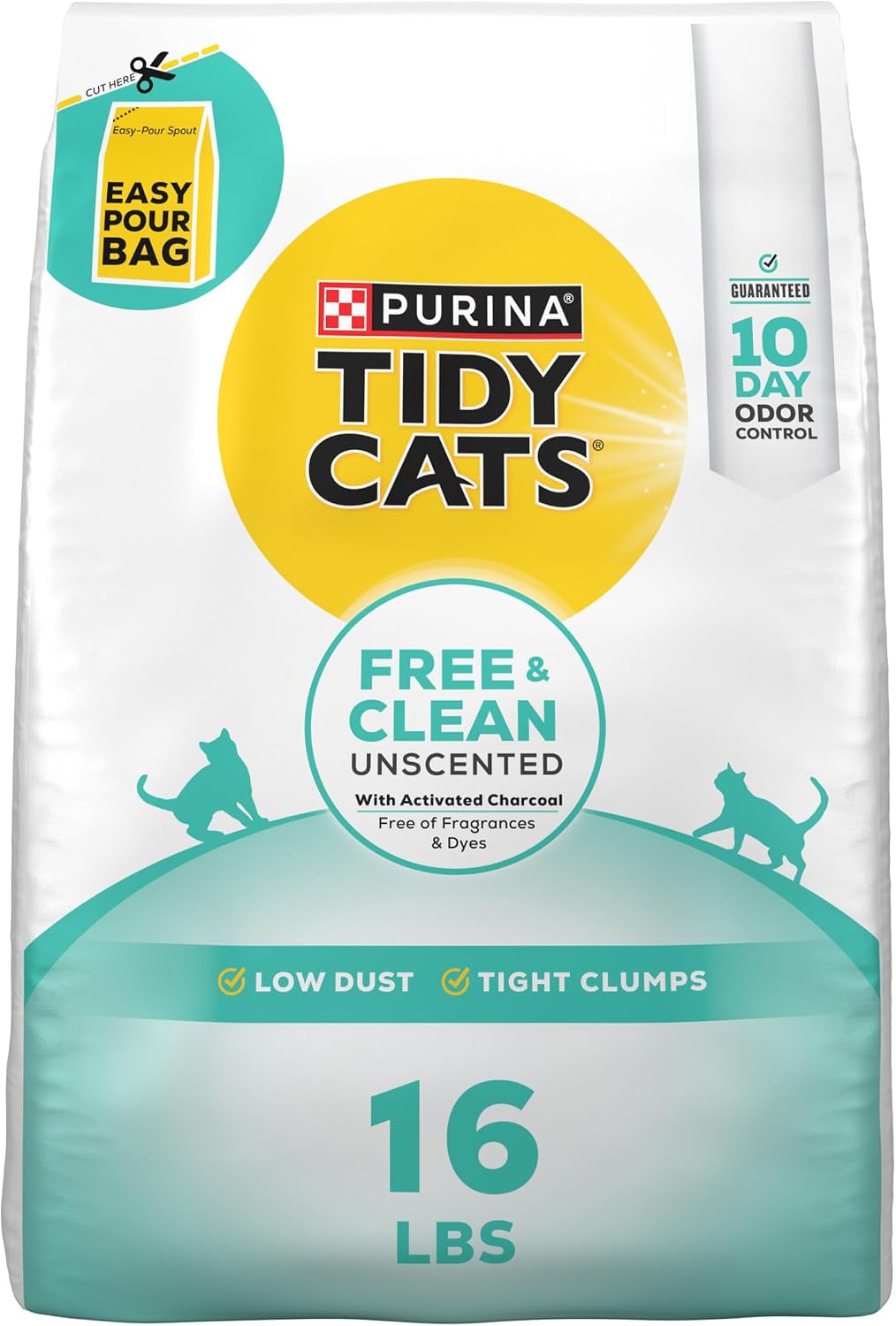 Purina Tidy Cats Free and Clean Unscented Clumping Cat Litter. 38 lb Box | Activated charcoal delivers lasting odor control. made without fragrances or dye. clumping