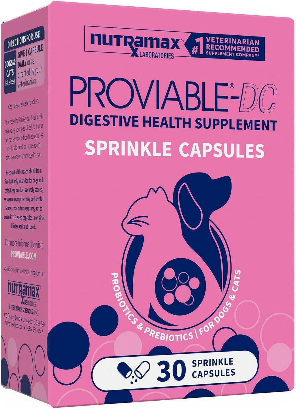 Nutramax Proviable Probiotics + Prebiotics. for Dogs & Cats. Capsules. 80ct | Probiotics and Prebiotics for Cats and Dogs. Daily Gut Health Support Supplement. Multiple Strains. Sprinkle on Food