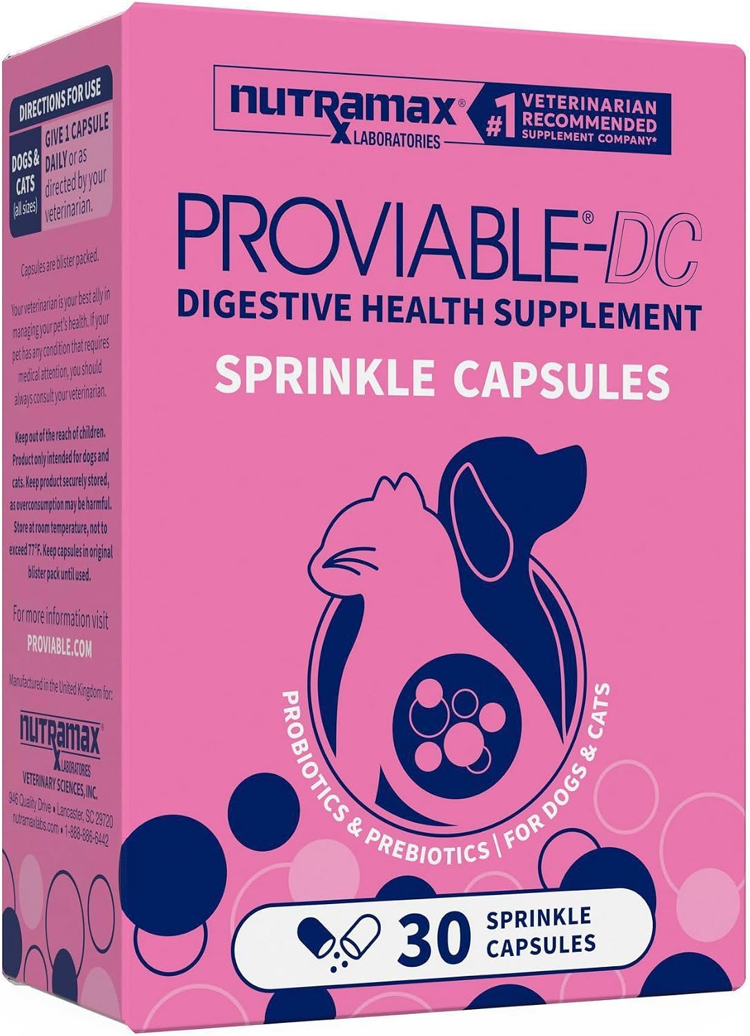 Nutramax Proviable Probiotics for Dogs & Cats. Sprinkle Capsules. 30ct | Probiotics for Cats and Dogs. Plus Prebiotics. Daily Gut Health Support Supplement. Multiple Strains. Sprinkle on Food