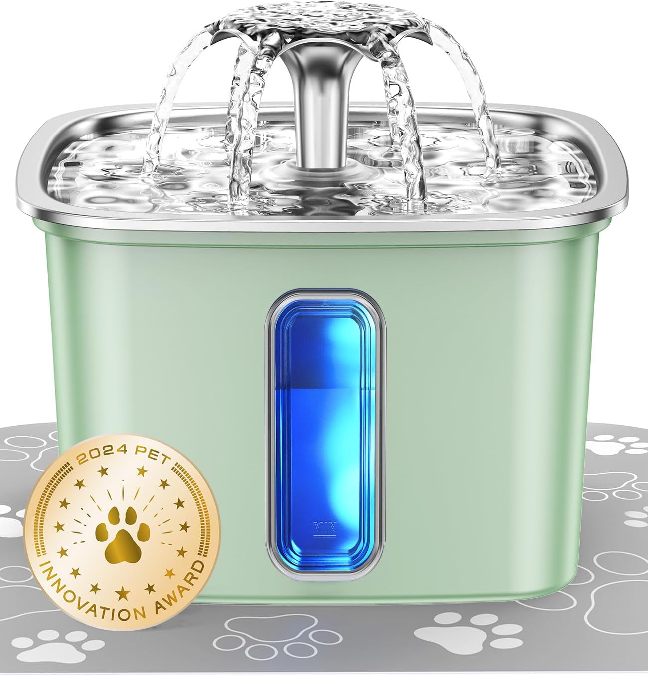 Veken Innovation Award Winner Stainless Steel Cat Water Fountain. 108oz | Automatic Pet Fountain Dog Water Dispenser with 3 Replacement Filters & Silicone Mat. Gifts for Cats. Dogs (Silver)