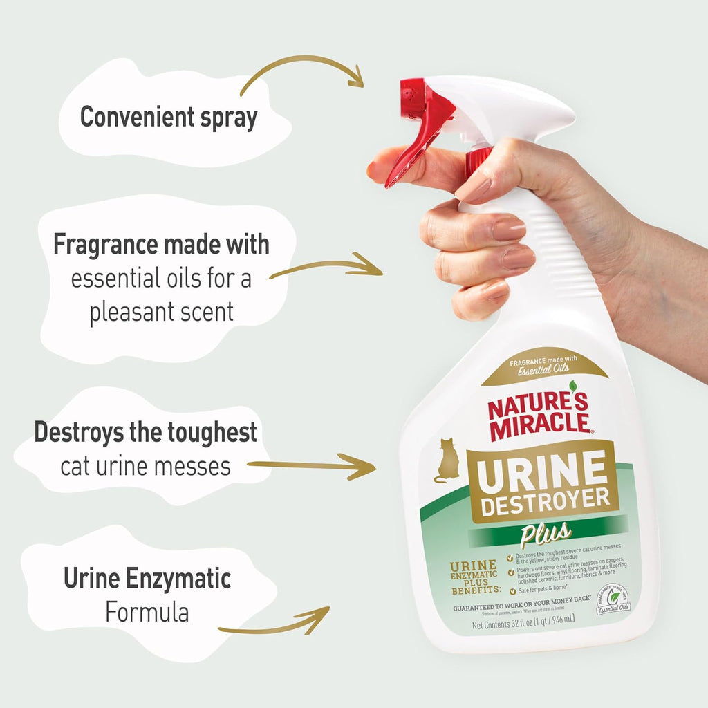 Nature's Miracle Cat Urine Destroyer Plus. Enzymatic Cleaner. 32 oz | Destroys the Toughest Cat Urine Stains. For Use on Multiple Surfaces. Safe For Pets and Home*. Fresh Scent
