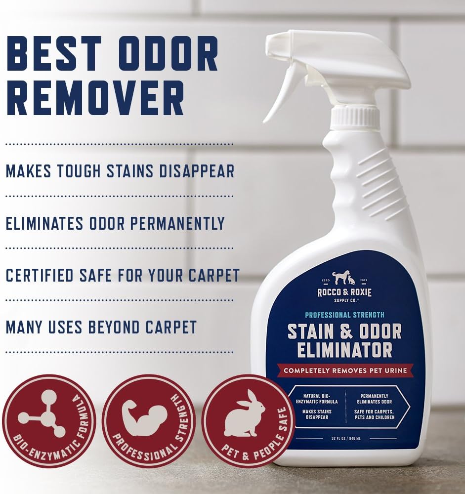 Rocco & Roxie Enzyme Stain & Odor Eliminator. 32 Fl Oz | Bio-enzymatic urine destroyer; CRI Certified Safe; made in USA; for carpets. bedding. litter boxes. crates & cars