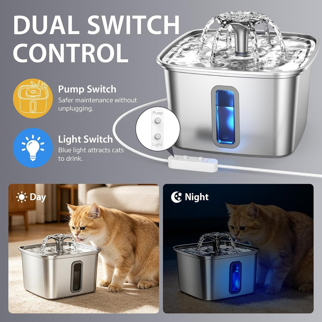 Veken Innovation Award Winner Stainless Steel Cat Water Fountain. 108oz | Automatic Pet Fountain Dog Water Dispenser with 3 Replacement Filters & Silicone Mat. Gifts for Cats. Dogs (Silver)