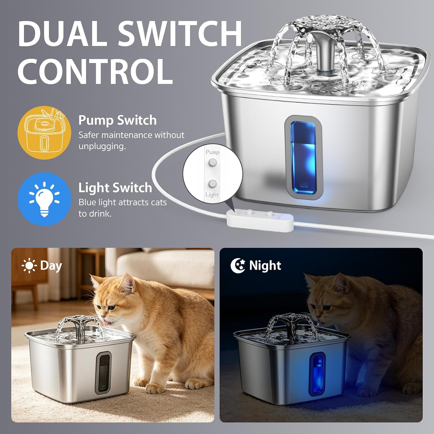 Veken Innovation Award Winner Stainless Steel Cat Water Fountain. 108oz | Automatic Pet Fountain Dog Water Dispenser with 3 Replacement Filters & Silicone Mat. Gifts for Cats. Dogs (Silver)