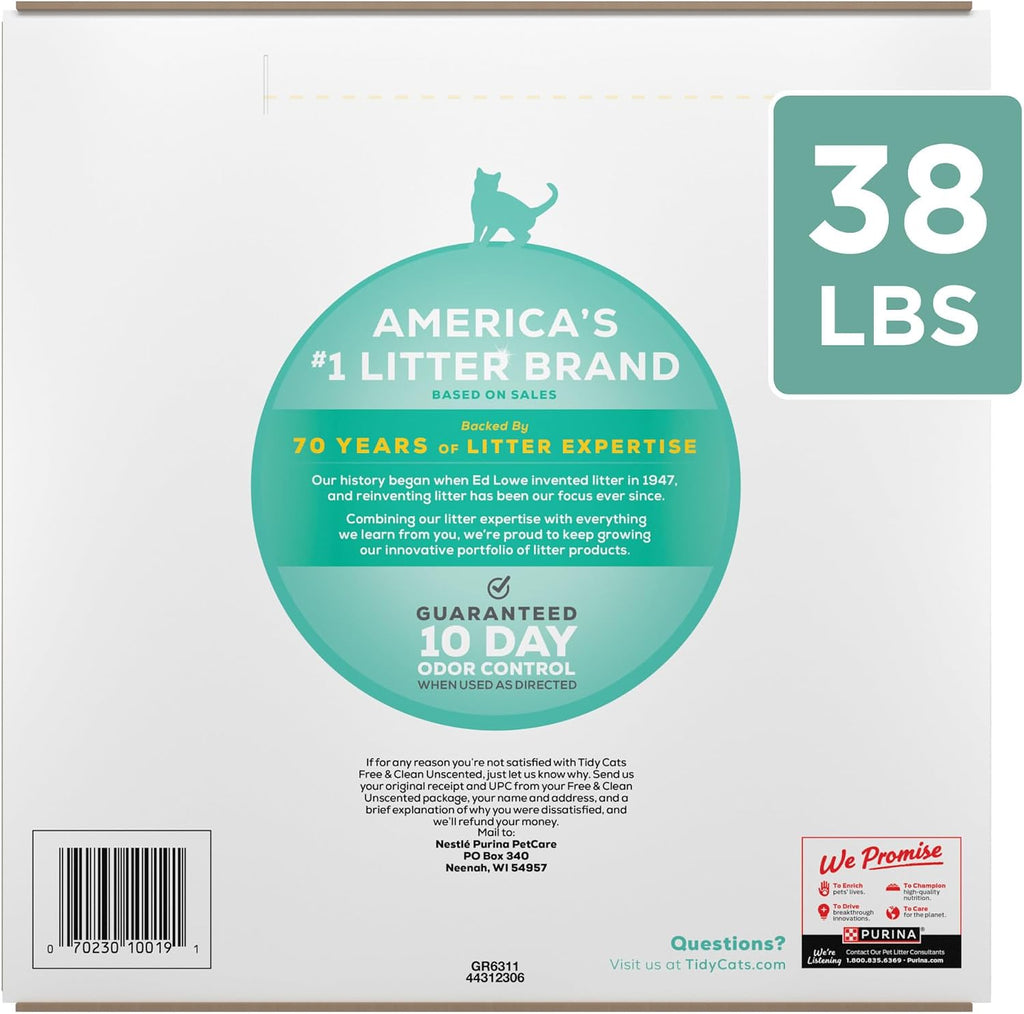 Purina Tidy Cats Free and Clean Unscented Clumping Cat Litter. 38 lb Box | Activated charcoal delivers lasting odor control. made without fragrances or dye. clumping