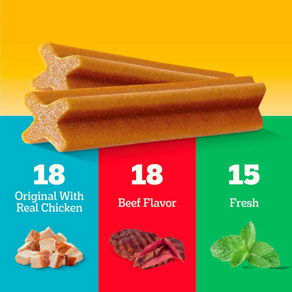 Pedigree Dentastix Large Breed Dental Dog Treats. Variety. 51 Count | Original. Beef & Fresh Flavors. triple action dental care. reduces tartar. cleans teeth. freshens breath. for dogs 40+ lbs
