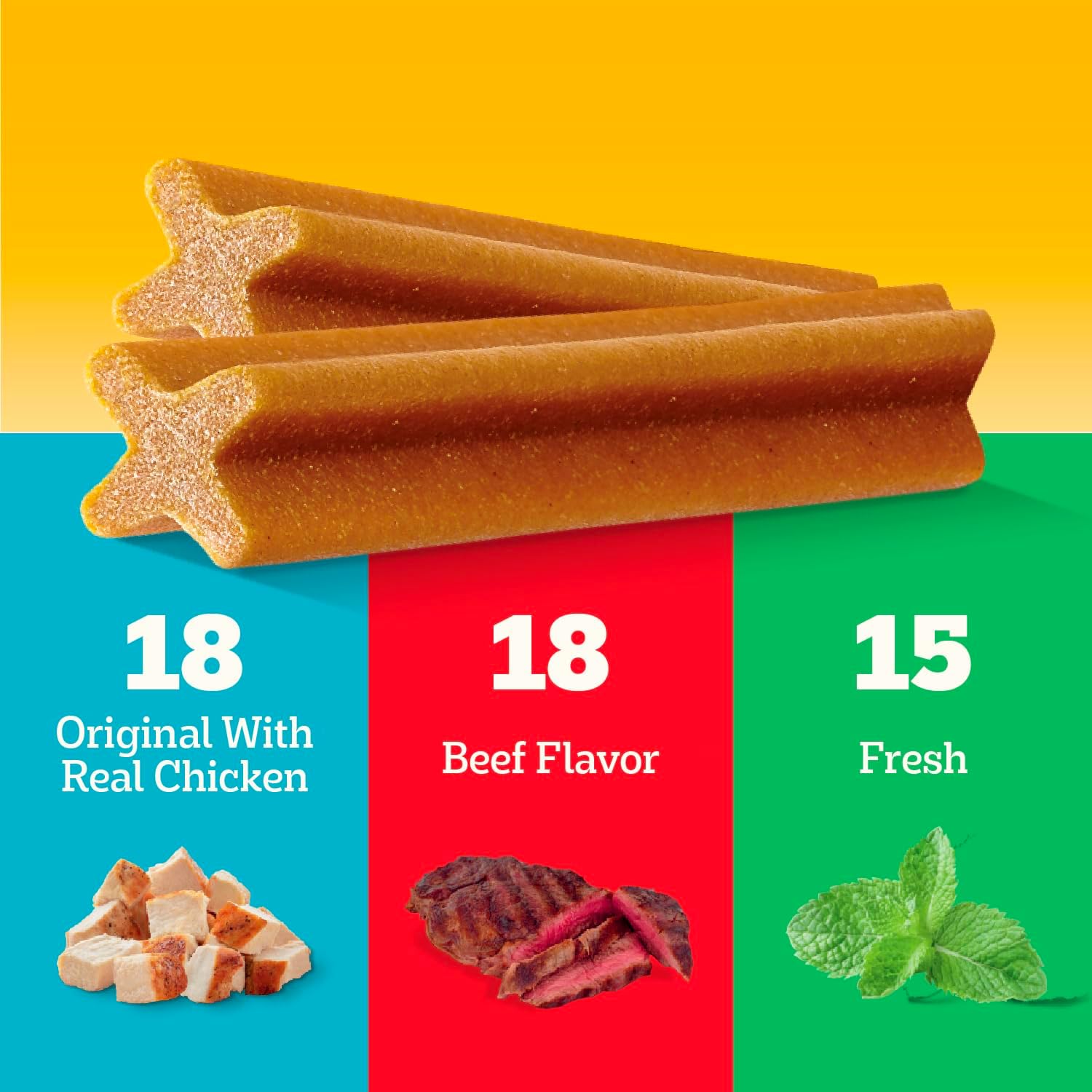 Pedigree Dentastix Large Breed Dental Dog Treats. Variety. 51 Count | Original. Beef & Fresh Flavors. triple action dental care. reduces tartar. cleans teeth. freshens breath. for dogs 40+ lbs