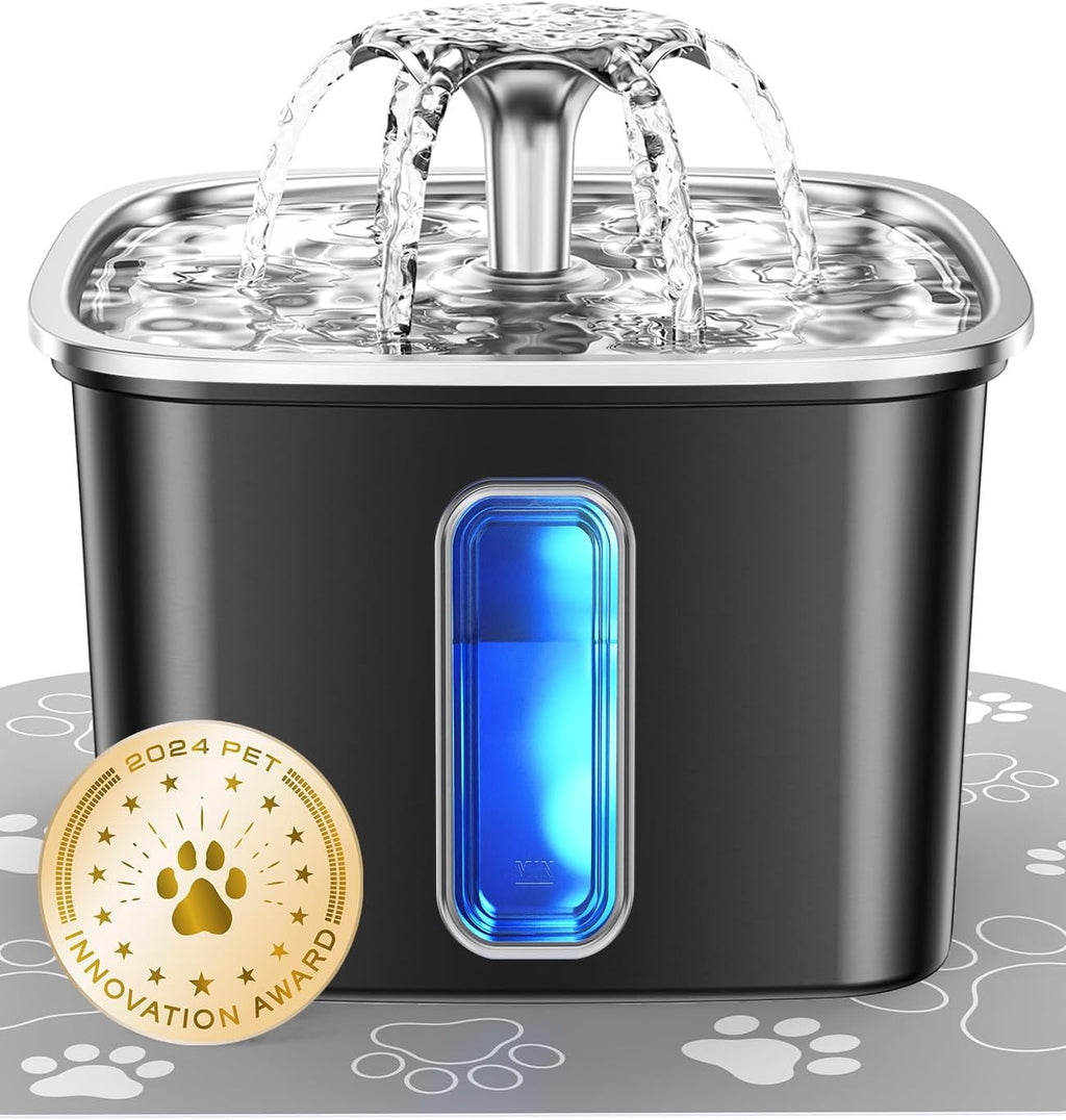 Veken Innovation Award Winner Stainless Steel Cat Water Fountain. 108oz | Automatic Pet Fountain Dog Water Dispenser with 3 Replacement Filters & Silicone Mat. Gifts for Cats. Dogs (Silver)