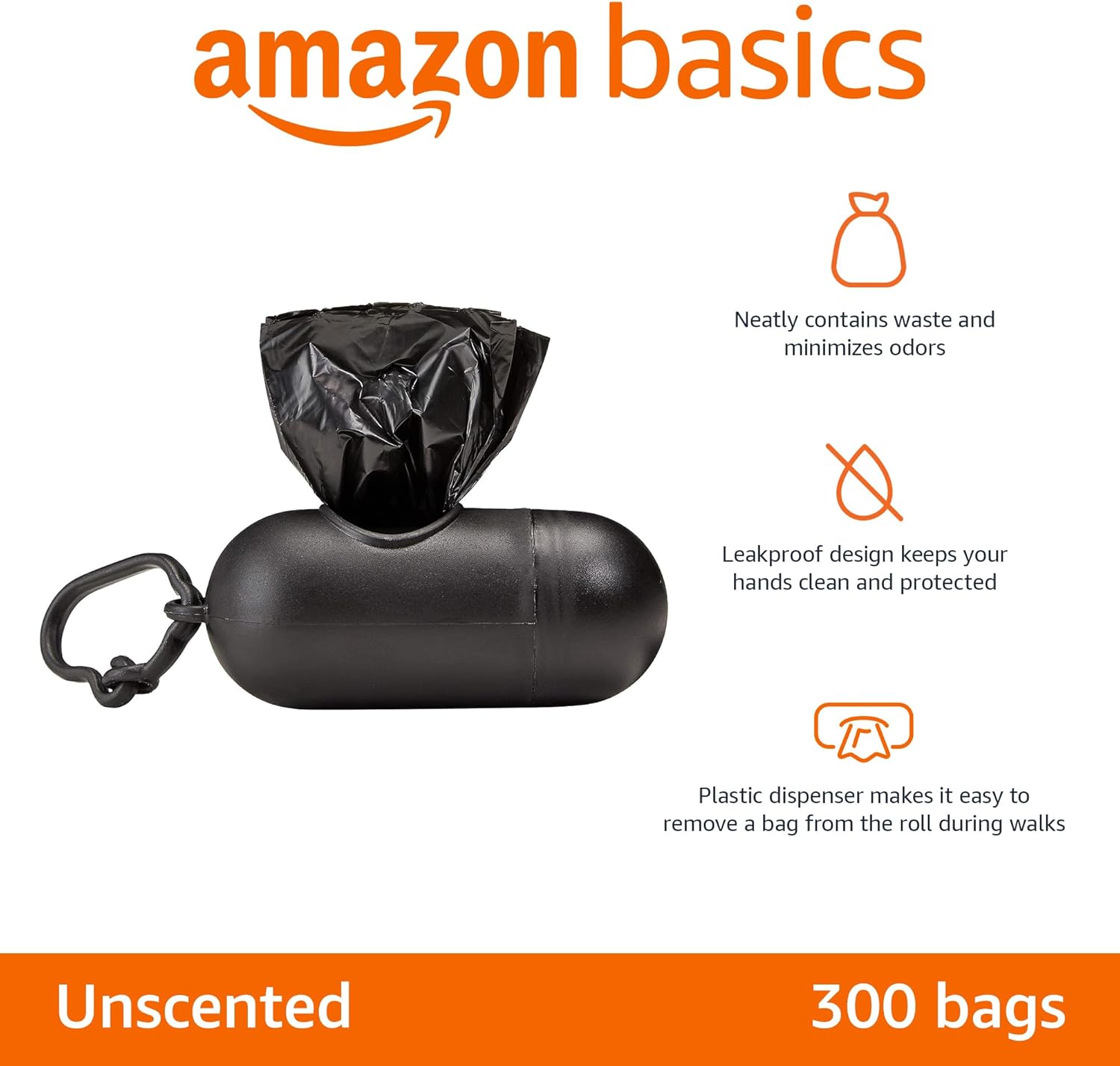 Basics Dog Poop Leak Proof Bags with Dispenser and Leash Clip. Unscented. 13 x 9 Large Size. 300 Count