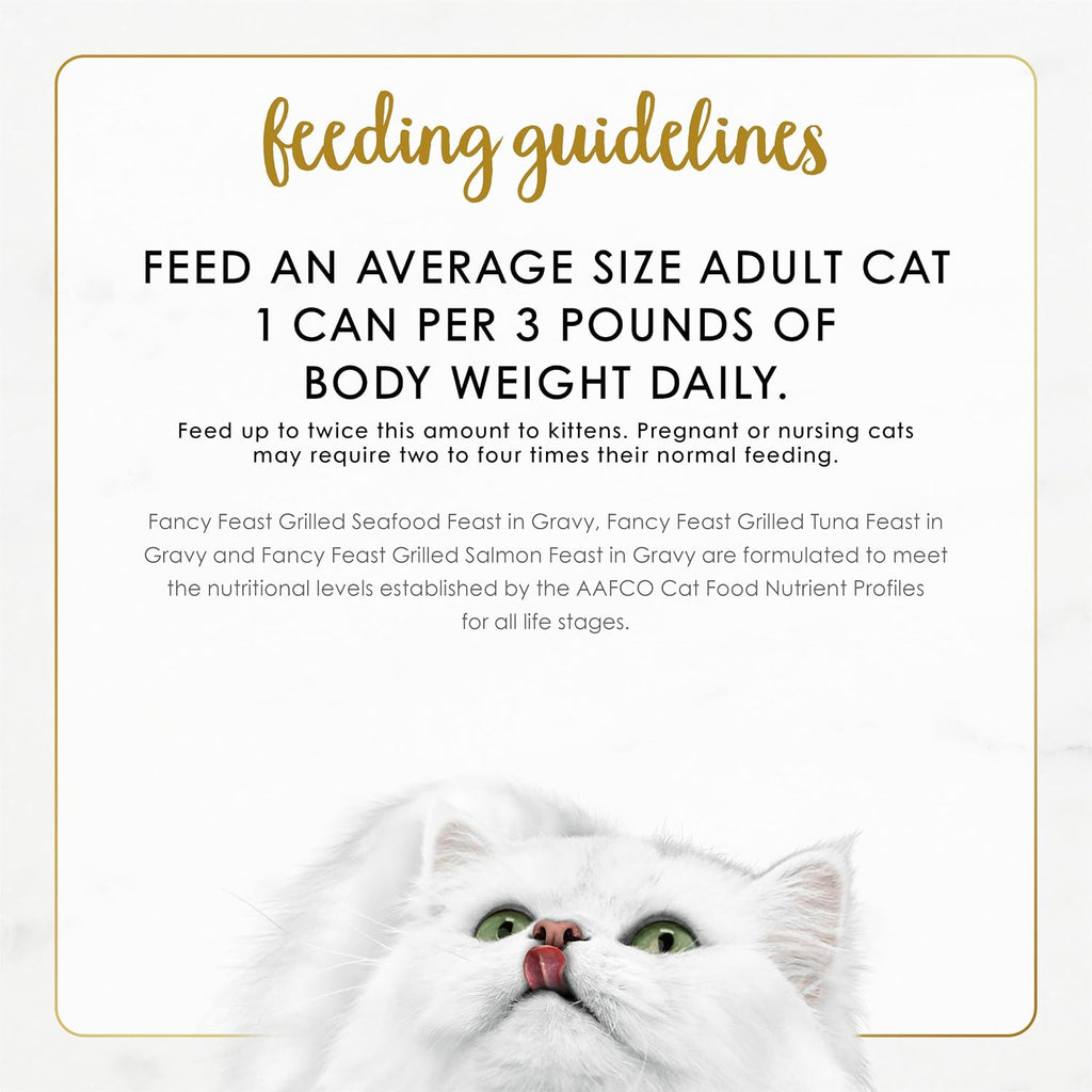 Purina Fancy Feast Grilled Seafood Wet Cat Food. 3 oz Cans. 24-Pack | Variety Pack. crafted with real seafood in savory gravy. Made with no Artificial Colors or Preservatives.