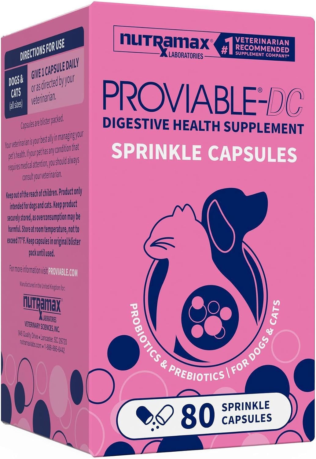 Nutramax Proviable Probiotics + Prebiotics. for Dogs & Cats. Capsules. 80ct | Probiotics and Prebiotics for Cats and Dogs. Daily Gut Health Support Supplement. Multiple Strains. Sprinkle on Food