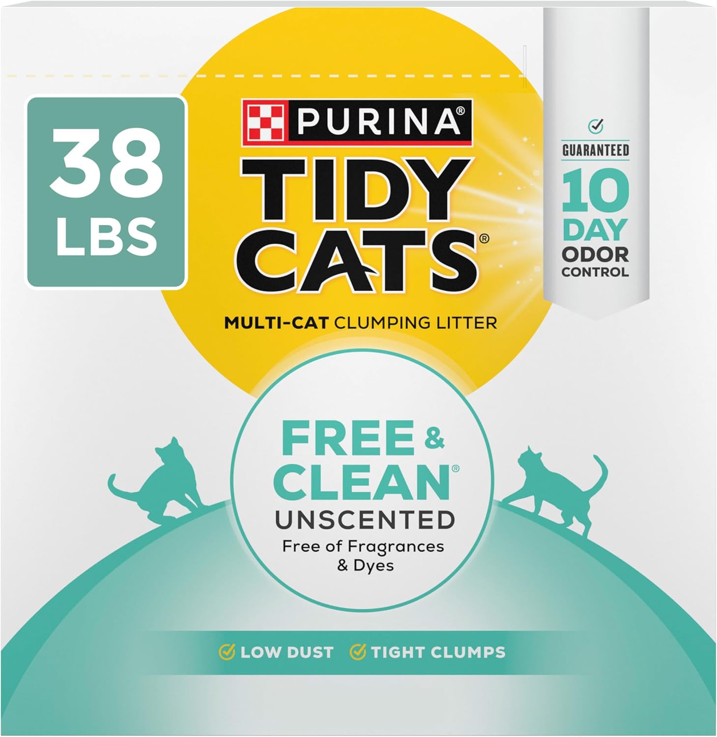 Purina Tidy Cats Free and Clean Unscented Clumping Cat Litter. 38 lb Box | Activated charcoal delivers lasting odor control. made without fragrances or dye. clumping
