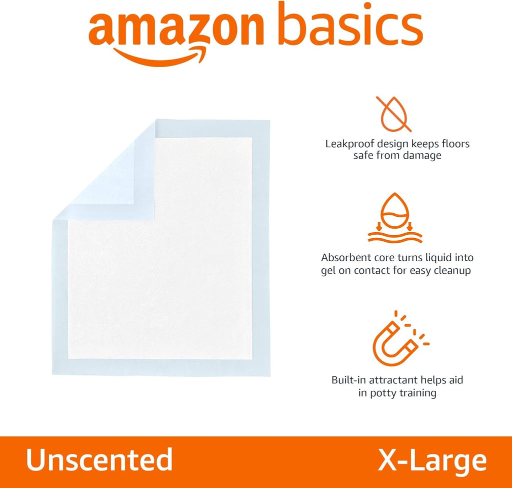 Amazon Basics Leak-Proof Dog and Puppy Potty Training Pee Pads with Quick-Dry 5-Layer Design. X-Large Size 28 x 34 Inch. Blue & White. 40-Pack