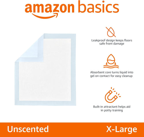 Amazon Basics Leak-Proof Dog and Puppy Potty Training Pee Pads with Quick-Dry 5-Layer Design. X-Large Size 28 x 34 Inch. Blue & White. 40-Pack