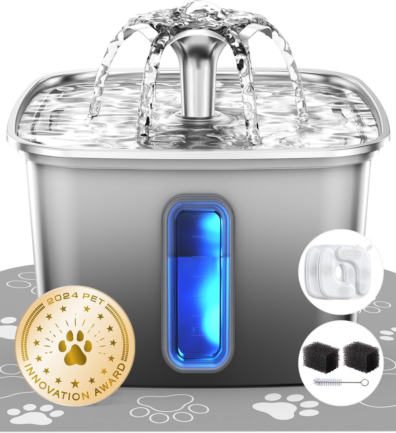 Veken Innovation Award Winner Stainless Steel Cat Water Fountain. 108oz | Automatic Pet Fountain Dog Water Dispenser with 3 Replacement Filters & Silicone Mat. Gifts for Cats. Dogs (Silver)