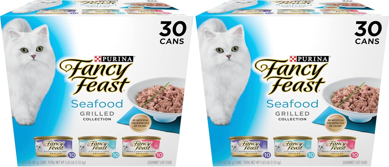 Purina Fancy Feast Grilled Seafood Wet Cat Food. 3 oz Cans. 24-Pack | Variety Pack. crafted with real seafood in savory gravy. Made with no Artificial Colors or Preservatives.