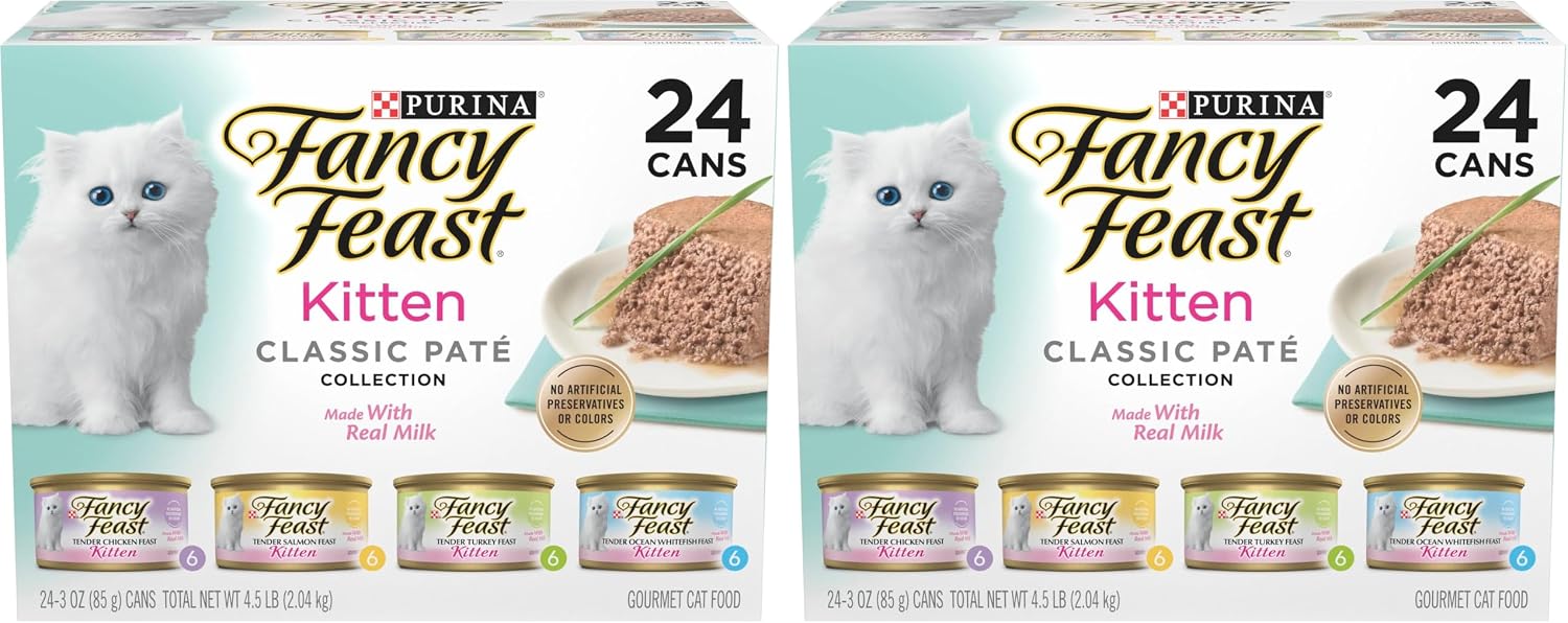 Purina Fancy Feast Wet Kitten Food Variety Pack. 3 oz cans. 24-Pack | Oceanfish. Turkey. Chicken or Salmon Recipes with no artificial colors or preservatives. 100 percent complete and balanced