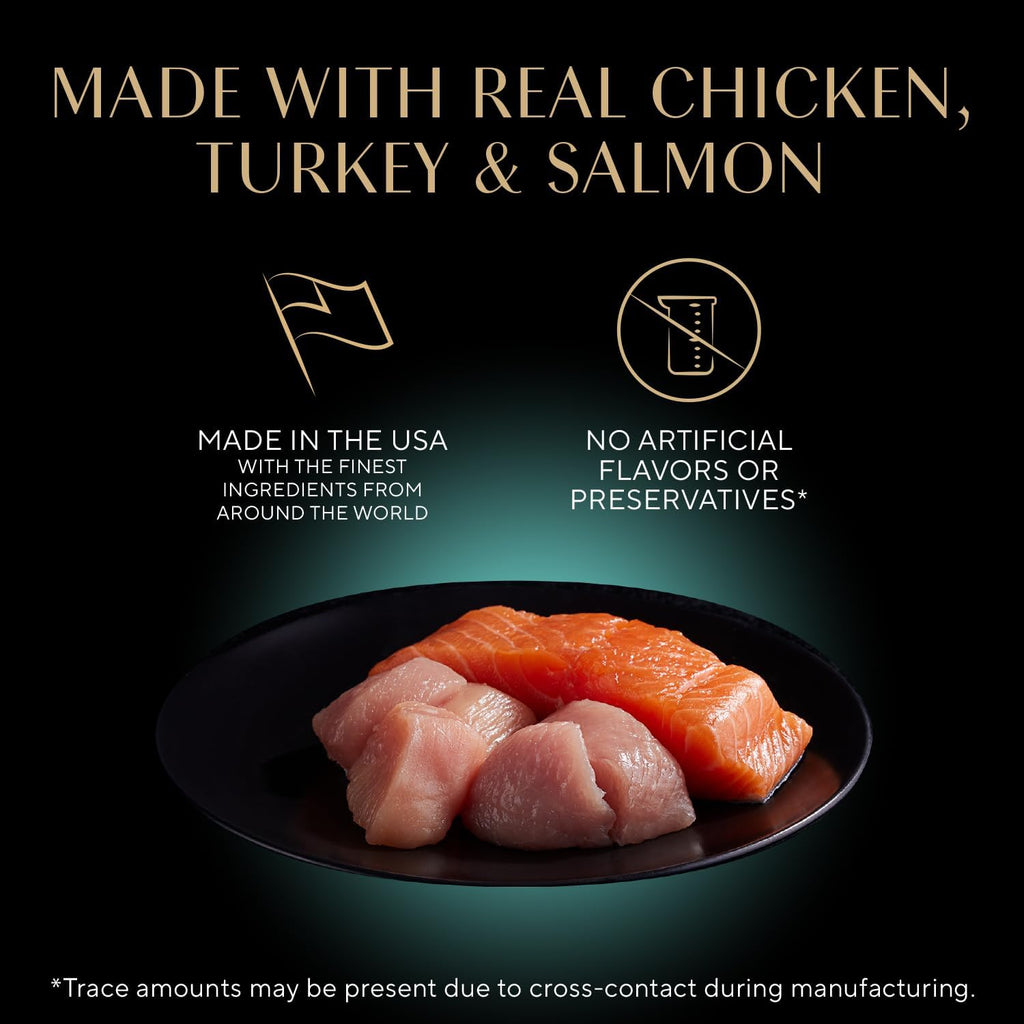 Sheba Perfect Portions Cuts Wet Cat Food. Multipack. 2.6 oz. 24 ct | Grain-free. Chicken. Salmon & Turkey flavors. protein-rich. no corn or soy. essential vitamins & minerals. twin-pack trays