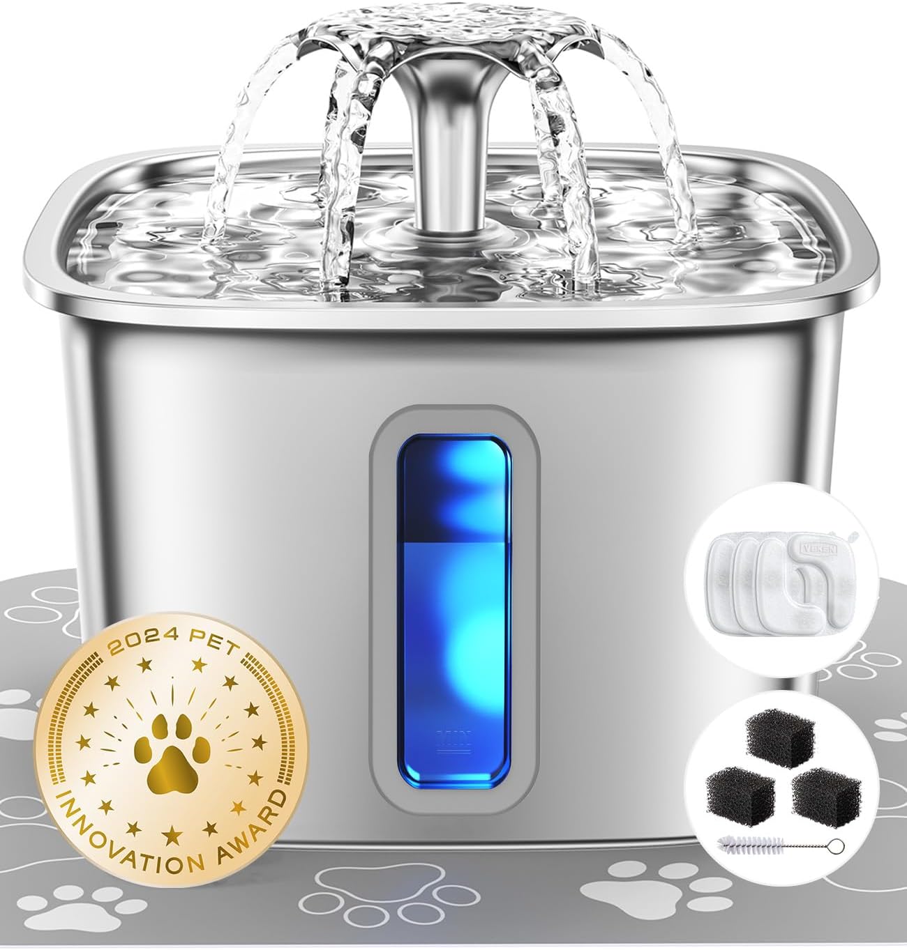 Veken Innovation Award Winner Stainless Steel Cat Water Fountain. 108oz | Automatic Pet Fountain Dog Water Dispenser with 3 Replacement Filters & Silicone Mat. Gifts for Cats. Dogs (Silver)