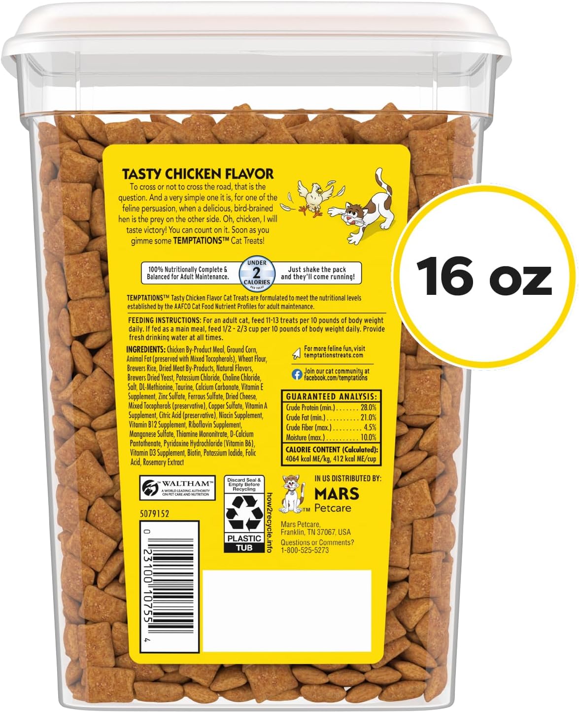 Temptations Classic Crunchy and Soft Cat Treats. Tasty Chicken. 16 oz | Under 2 calories per treat. crunchy outside & soft inside. resealable tub. 100% complete & balanced for adult cats